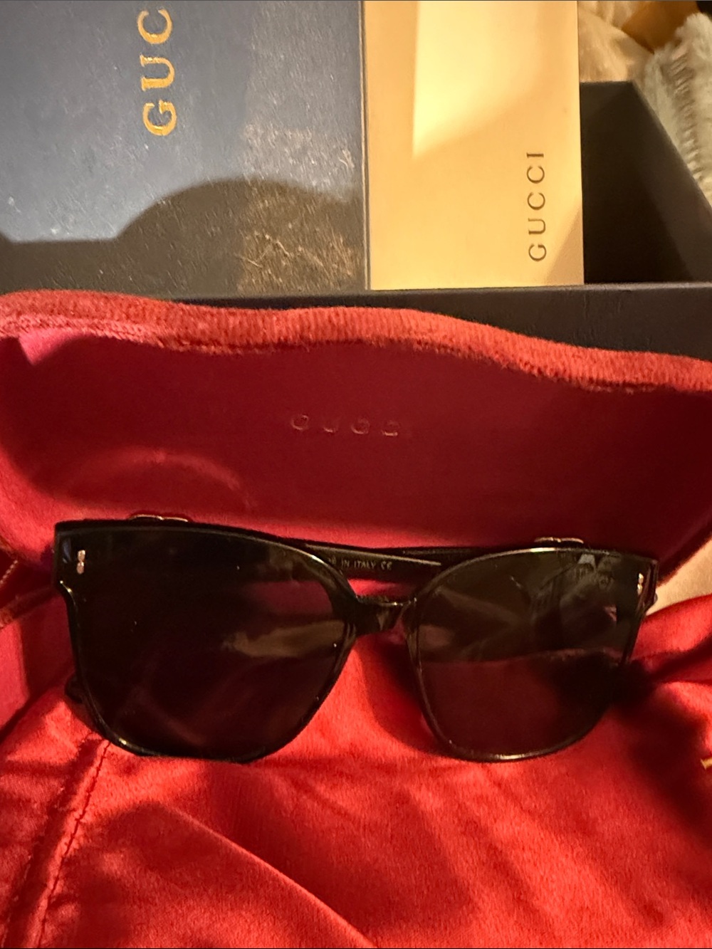 Designer sunglasses in case and box